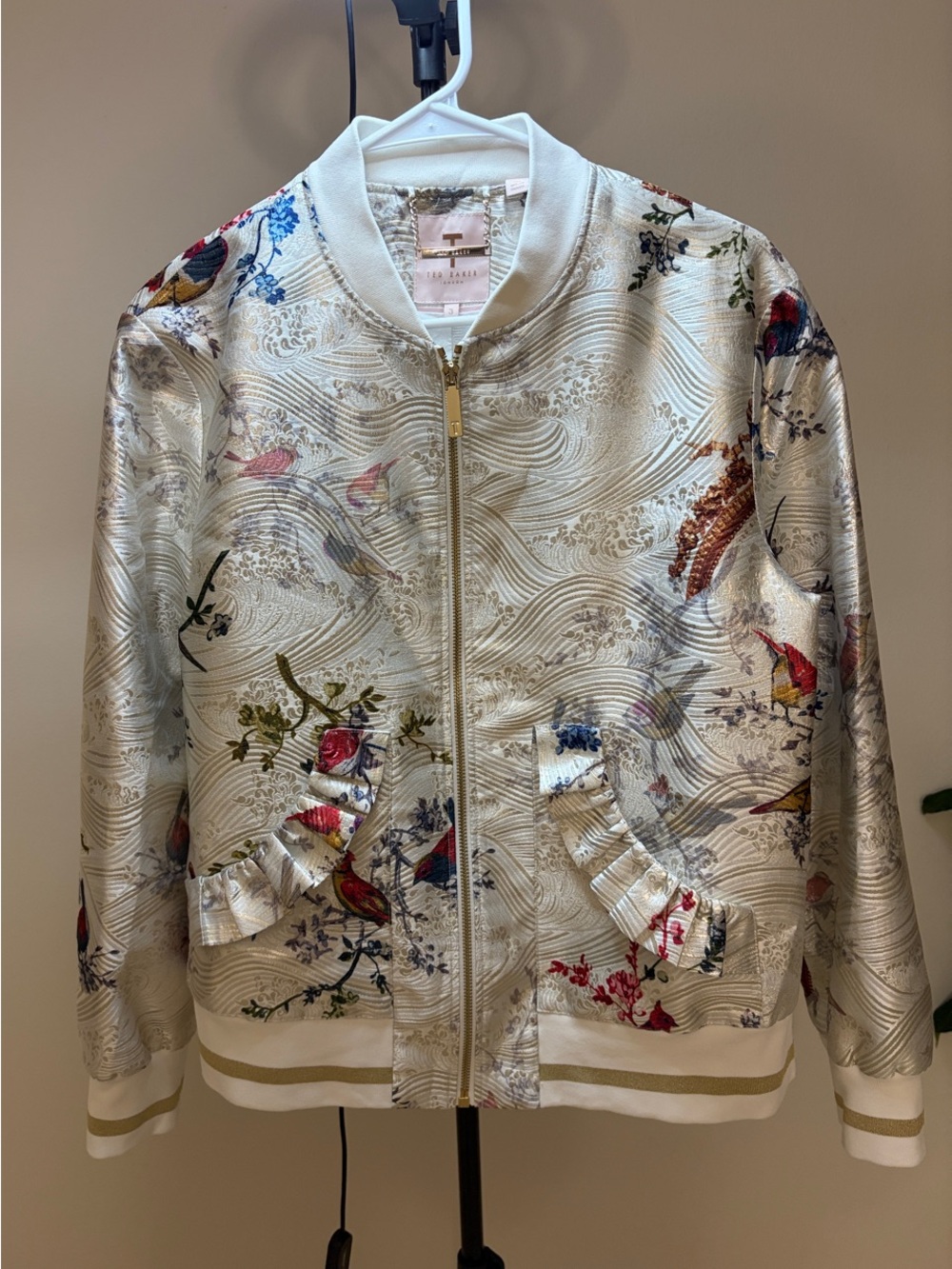Ted Baker London Cream Satin Bomber Jacket with Floral & Bird Motif